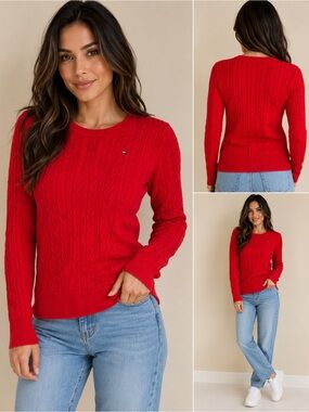 Tommy Hilfiger Red Cable-Knit Scoopneck Sweater